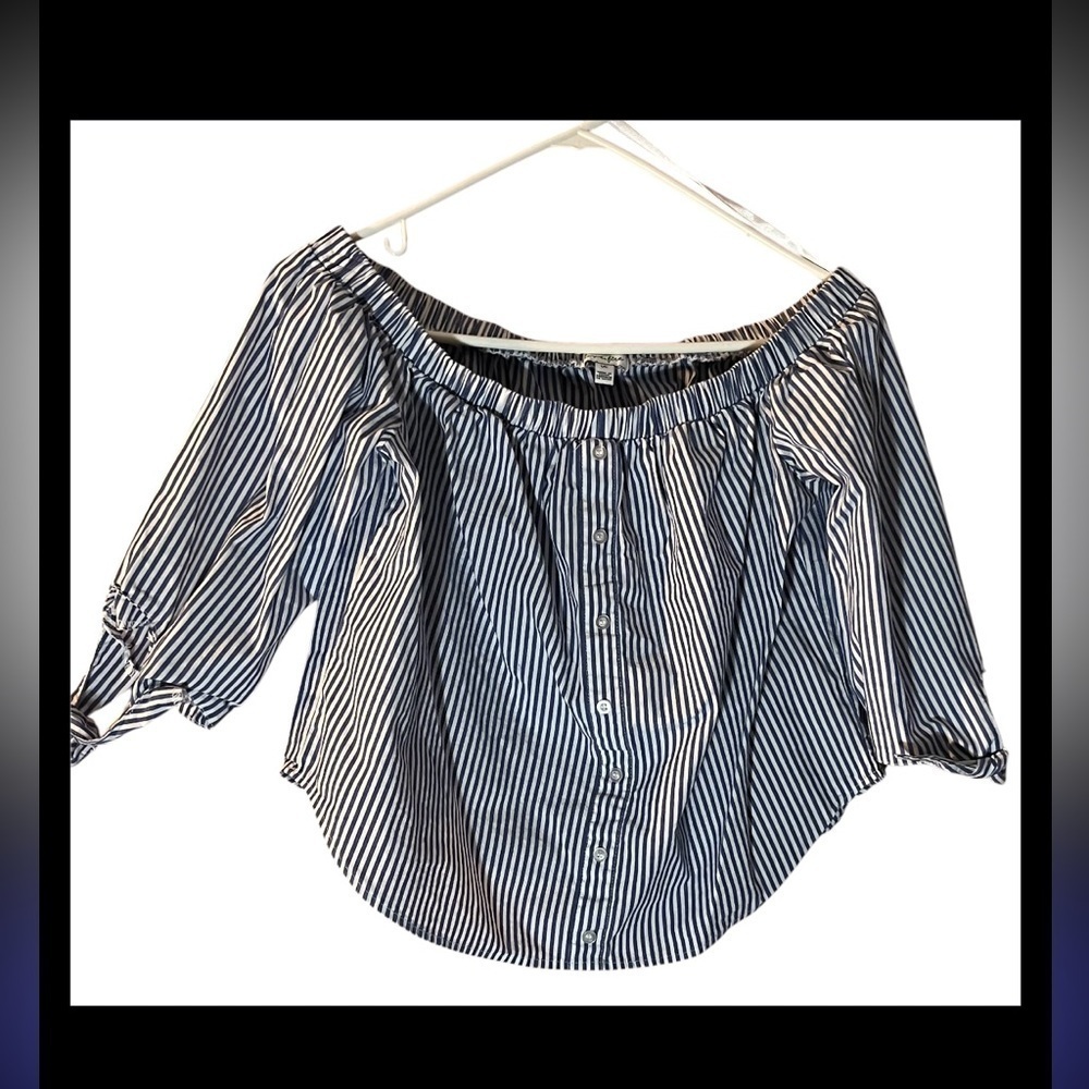 First Love Womens Large Off Cold Shoulder Top Shirt Blue Striped 3/4 tie sleeve